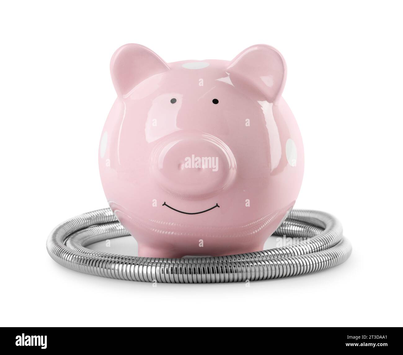 Water scarcity concept. Piggy bank and shower hose isolated on white ...