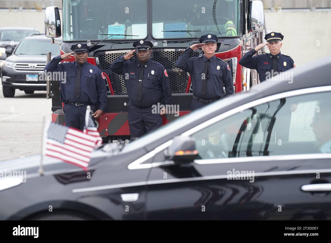St. Louis, United States. 24th Oct, 2023. St. Louis firefighters salute the passing hearse containing the remains of World War II veteran Cpl. James Hurt as he returns home at Lambert-St. Louis International Airport on Tuesday, October 24, 2023. Corporal James Hurt of East St. Louis was one of 2,800 soldiers who died in a Japanese prisoner-of-war camp in the Philippines during World War II in 1942. Photo by Bill Greenblatt/UPI. Credit: UPI/Alamy Live News Stock Photo