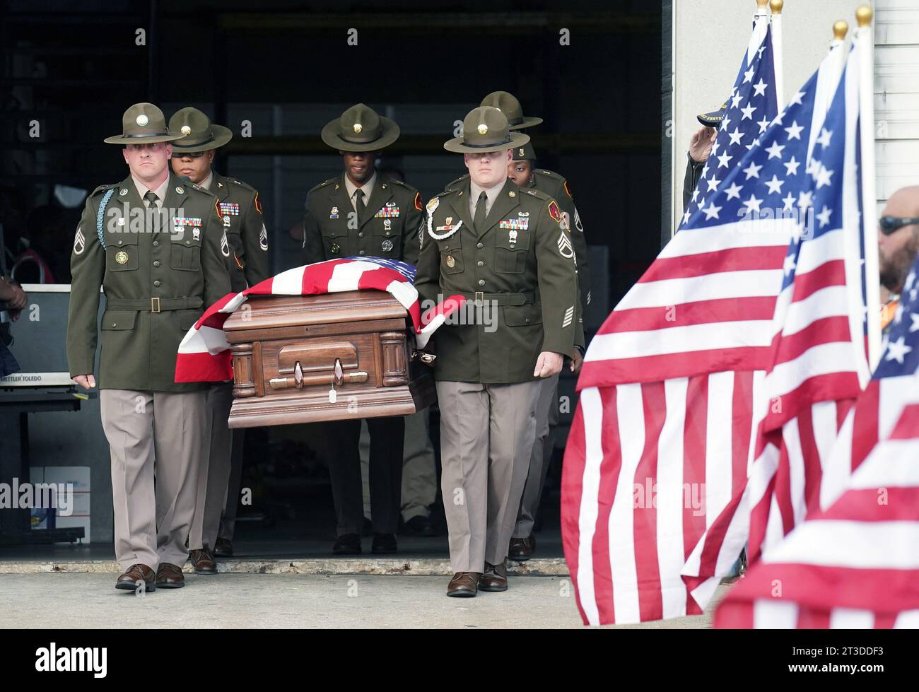 St. Louis, United States. 24th Oct, 2023. Members of an honor guard carry the casket containing the remains of World War II veteran Cpl. James Hurt as he returns home at Lambert-St. Louis International Airport on Tuesday, October 24, 2023. Corporal James Hurt of East St. Louis was one of 2,800 soldiers who died in a Japanese prisoner-of-war camp in the Philippines during World War II in 1942 Photo by Bill Greenblatt/UPI Credit: UPI/Alamy Live News Stock Photo