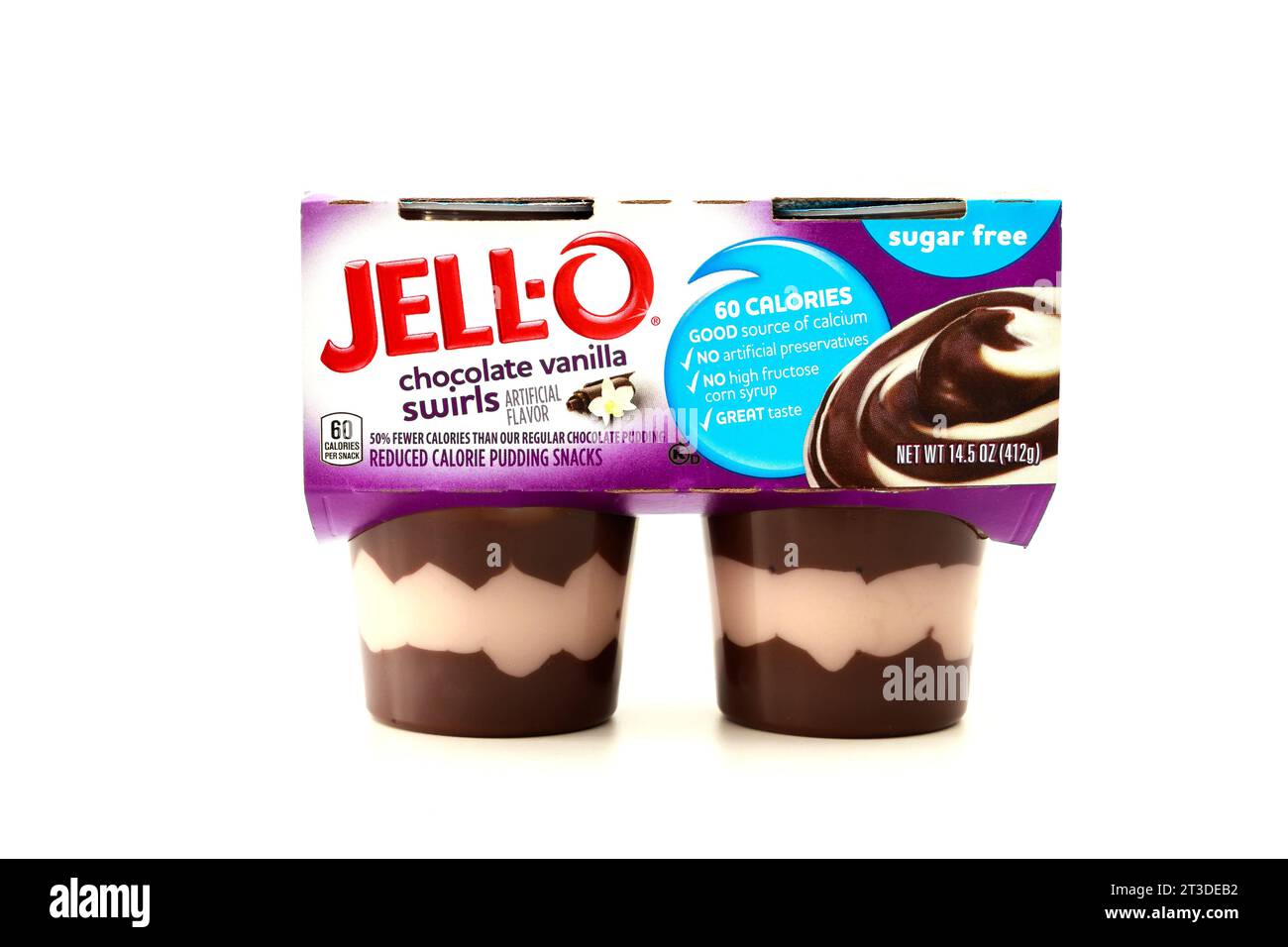 JelloO chocolate vanilla pudding snacks in a plastic cup Stock Photo