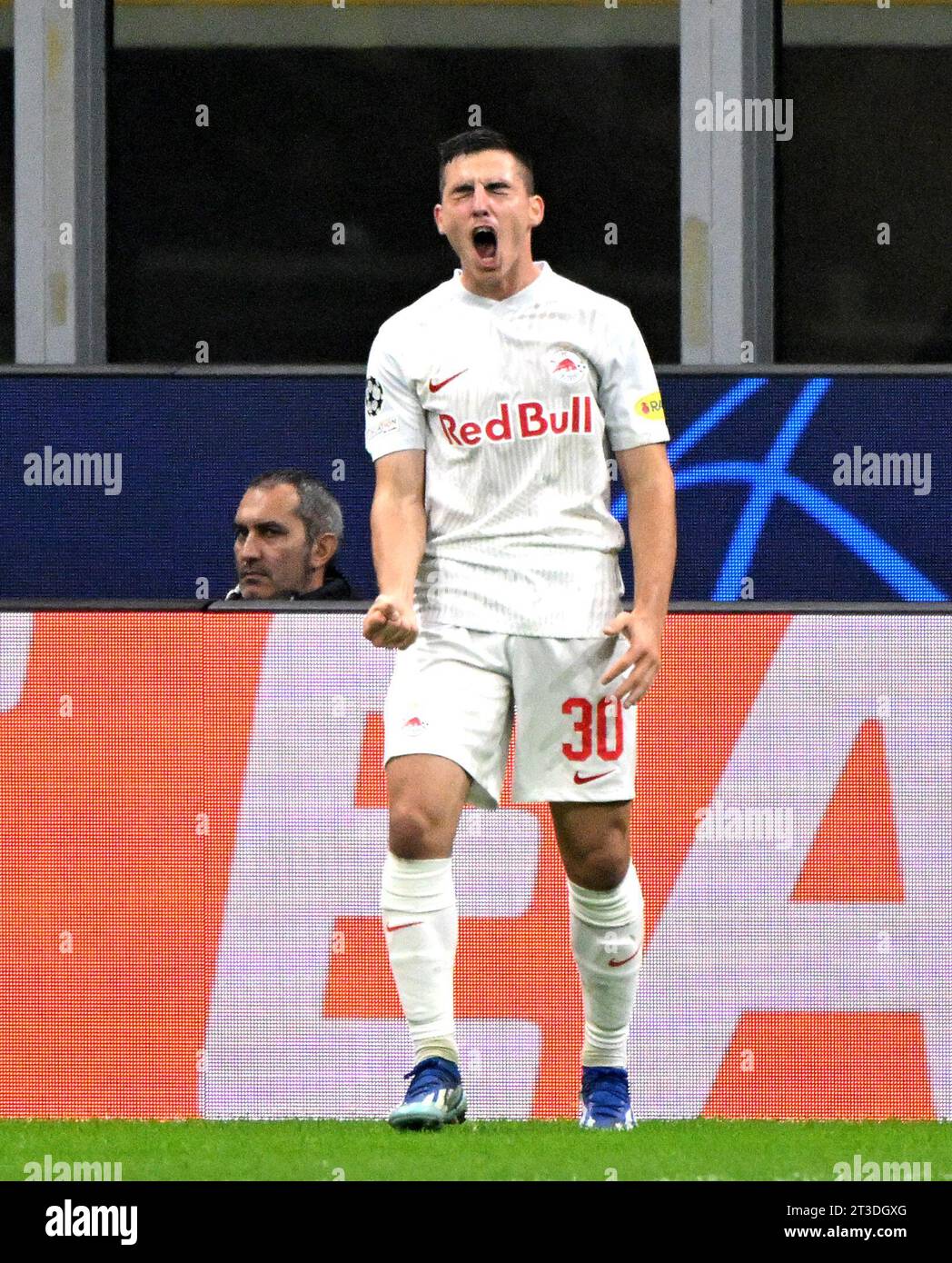 Milan, Italy. 24th Oct, 2023. Salzburg's Oscar Gloukh celebrates his goal during the UEFA Champions League Group D match between FC Inter and Salzburg in Milan, Italy, Oct. 24, 2023. Credit: Alberto Lingria/Xinhua/Alamy Live News Stock Photo