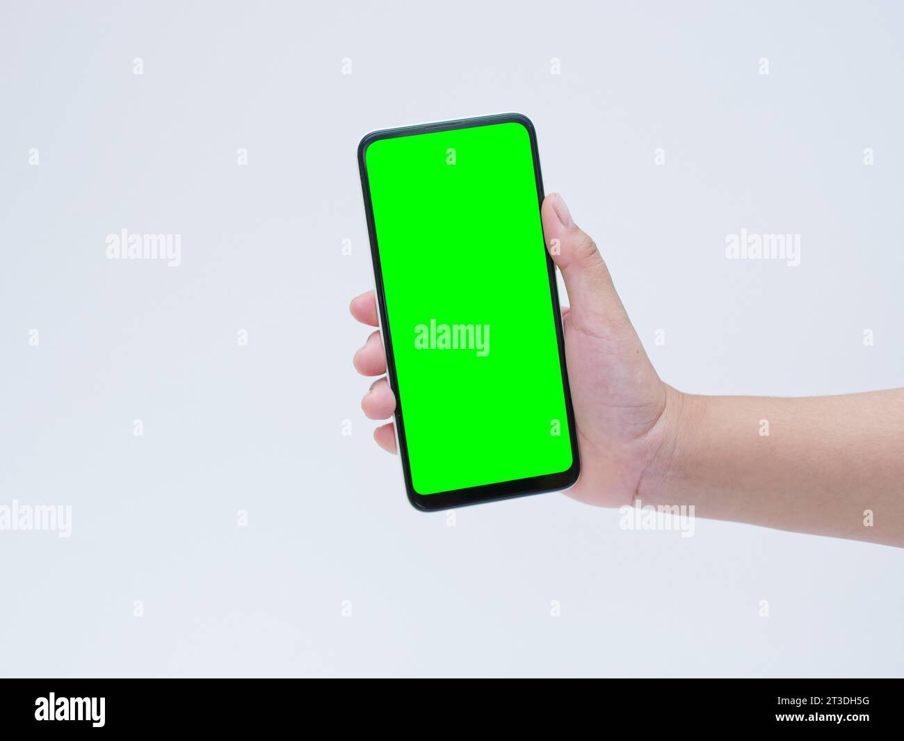 hand shows mobile smartphone with blank green screen isolated on white ...