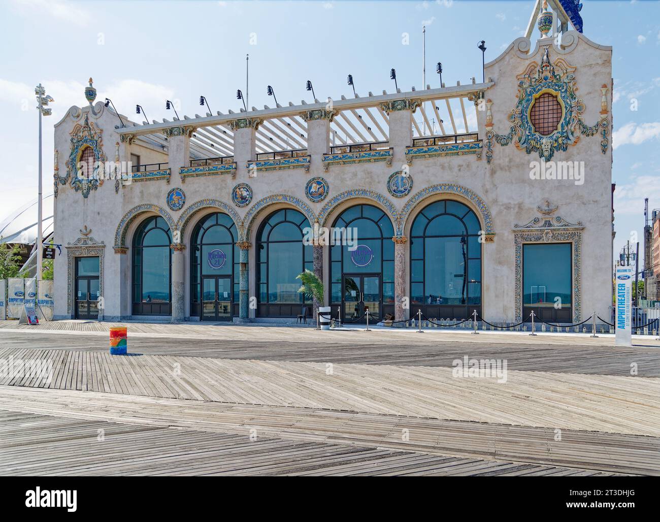 Colorful polychrome terra cotta adorns the Child’s Restaurant Building of 1923, a NYC landmark restored and renamed Ford Amphitheater. Stock Photo