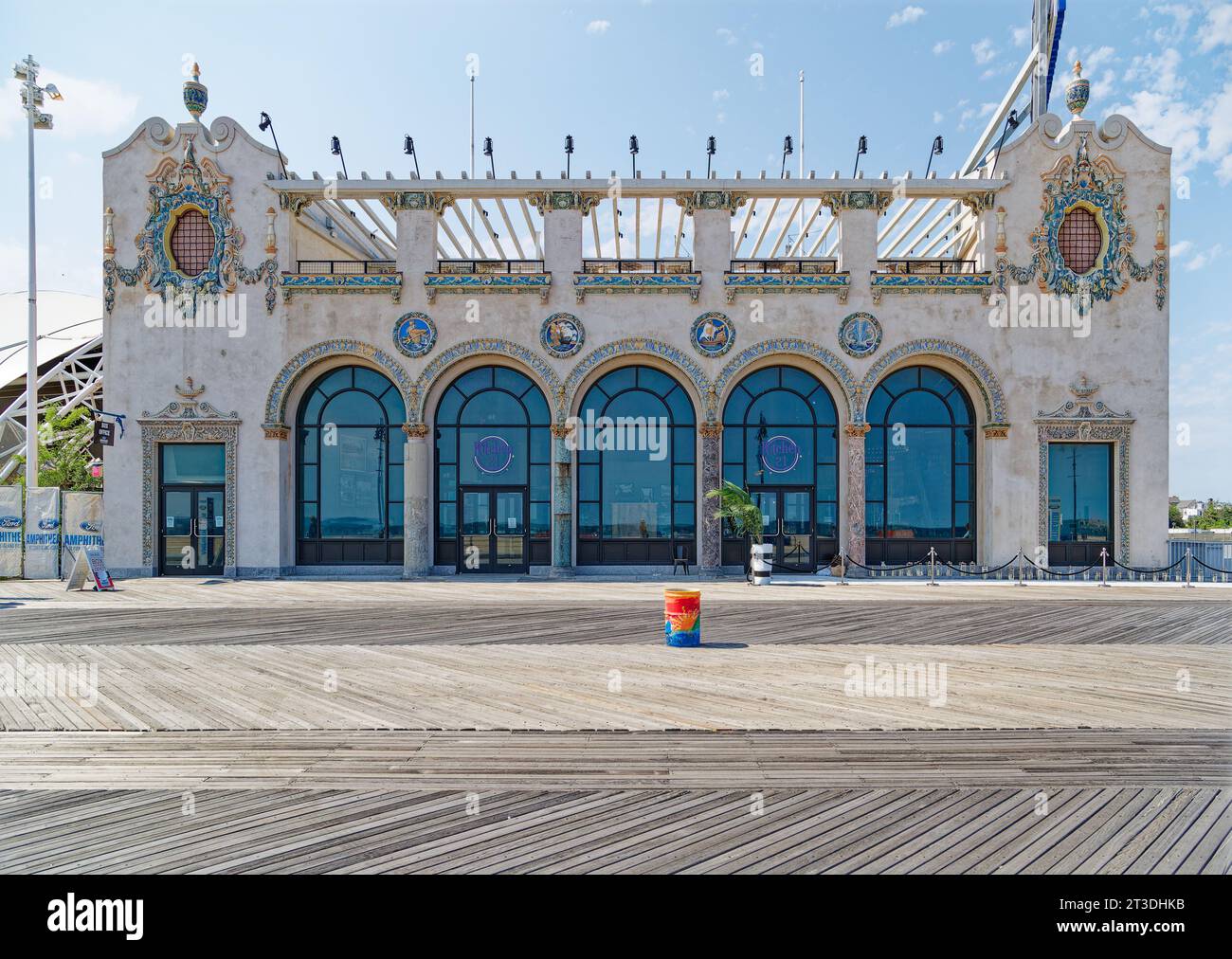 Colorful polychrome terra cotta adorns the Child’s Restaurant Building of 1923, a NYC landmark restored and renamed Ford Amphitheater. Stock Photo
