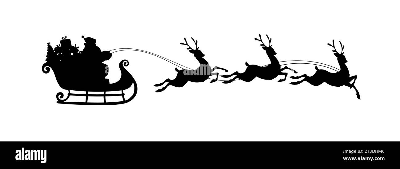 Santa Claus with riding a sleigh with reindeers, black vector silhouette isolated on white background. Christmas flat illustration for design, window Stock Vector