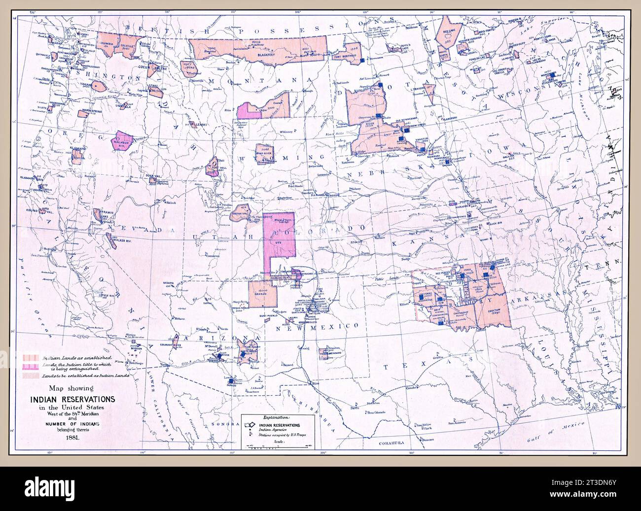 Original map title: 'Map showing Indian reservations in the United States west of the 84th meridian and number of Indians belonging thereto1881.' Published 1882. This is an enhanced, restored reproduction of an old map showing Indian Reservations as of 1881 located in Western United States. Also shows locations of other important landmarks related to the reservation system. The key in the lower left marks Indian lands as established, as those whose titles are to be extinguished, and lands to be established as Indian lands. Stock Photo