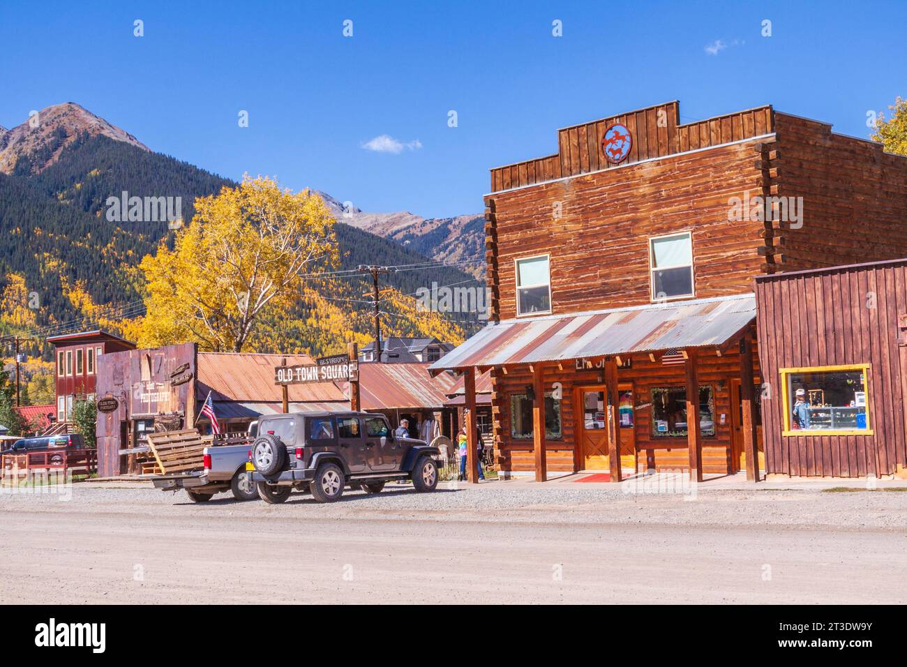 Colorful historic buidlings in the old mining town of Silverton, Colorado, which is a designated National Historic Landmark District. Stock Photo