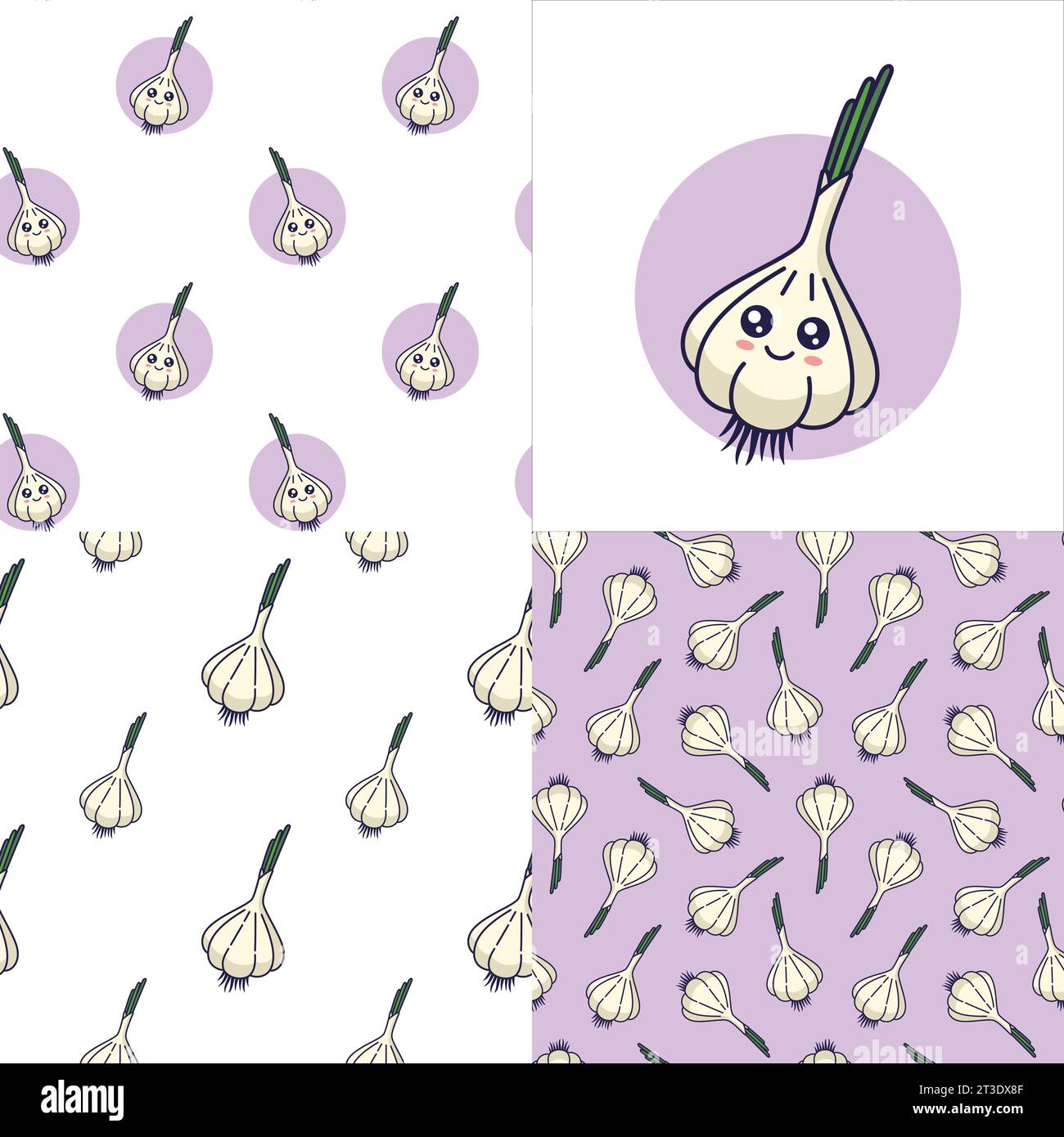 Set of Cute Kawaii garlic patterns. Food vegetable flat icon. Cartoon ...