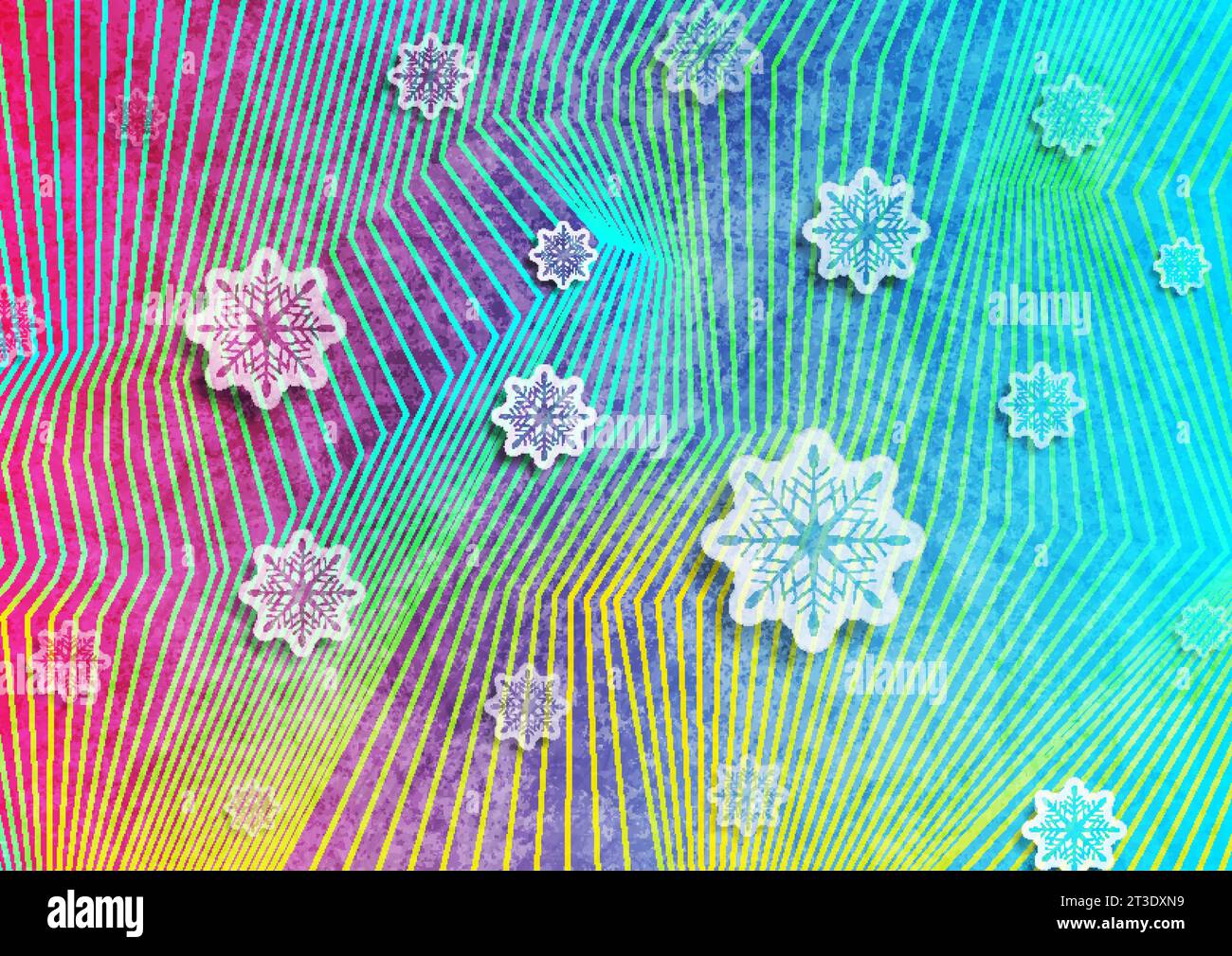 Geometric holographic Christmas background with snowflakes and refracted lines. Vector design Stock Vector
