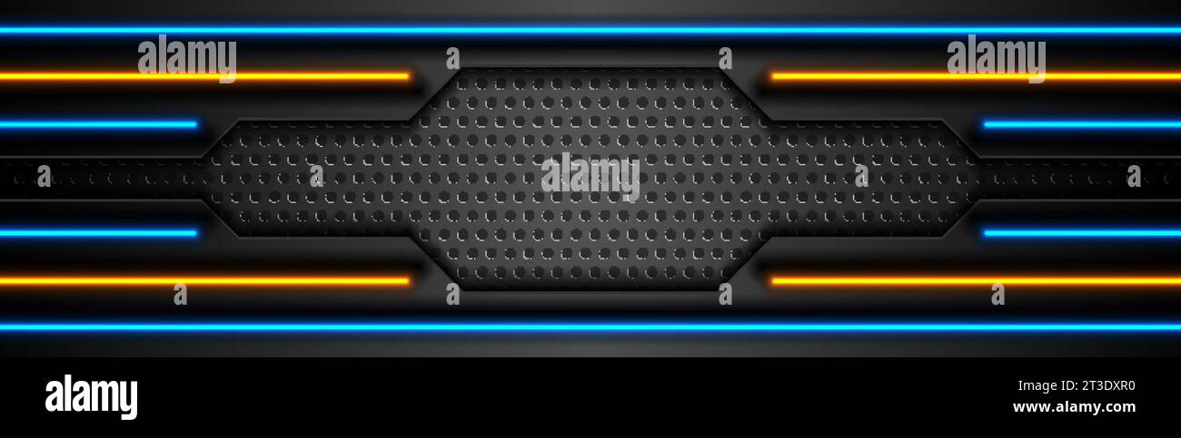 Futuristic perforated technology abstract background with blue orange ...