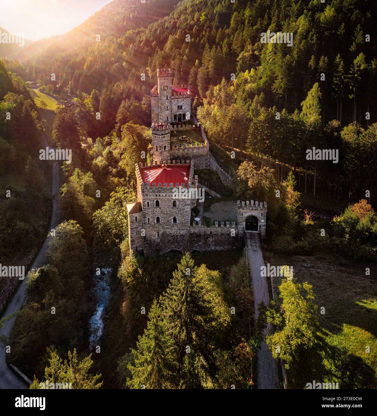 Latzfons, Italy - Aerial view of sunrise at beautiful Gernstein Castle (Castello di Gernstein, Schloss Gernstein) in South Tyrol at summer time with g Stock Photo