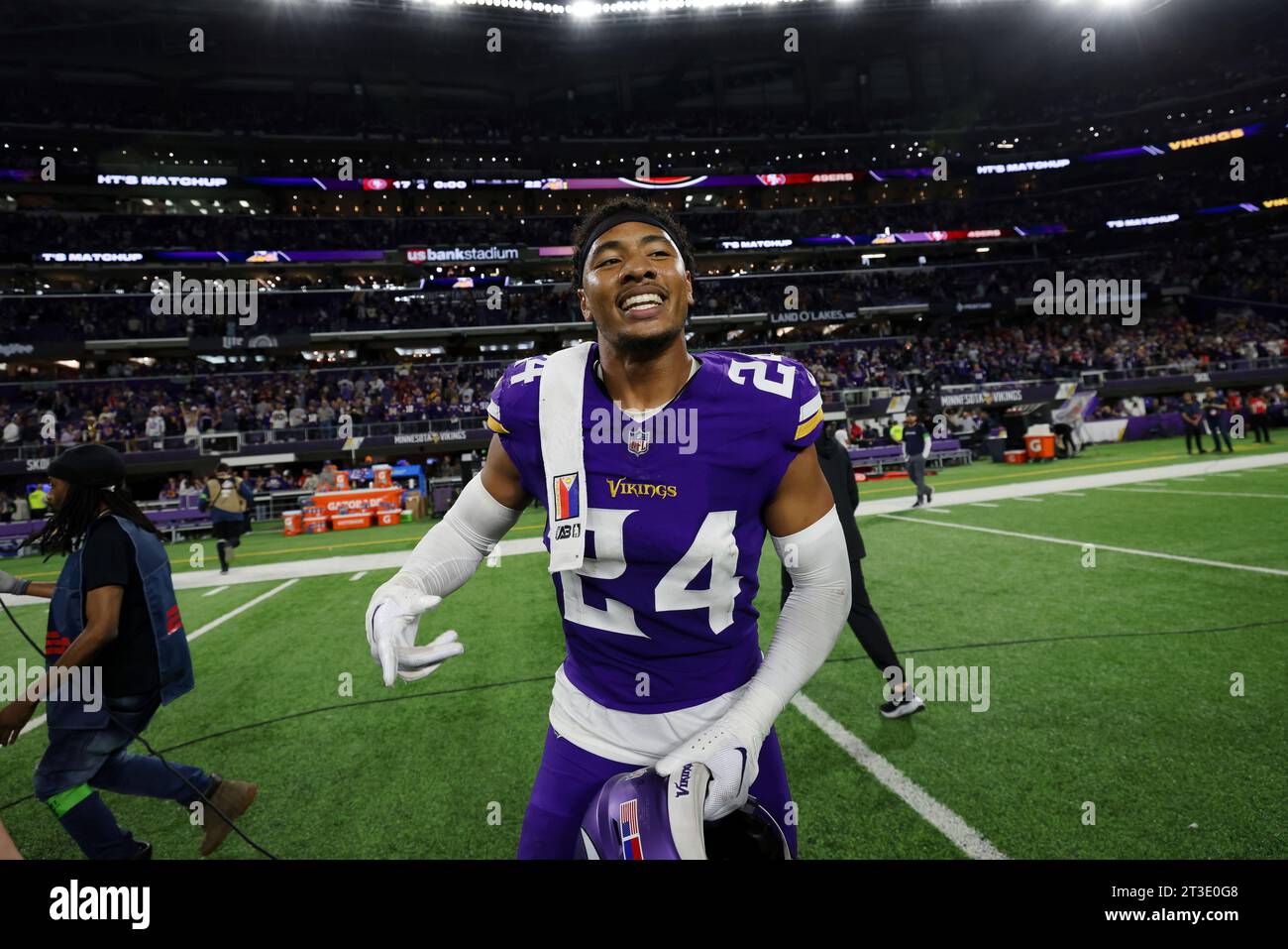 Minnesota Vikings safety Camryn Bynum (24) celebrates following an NFL