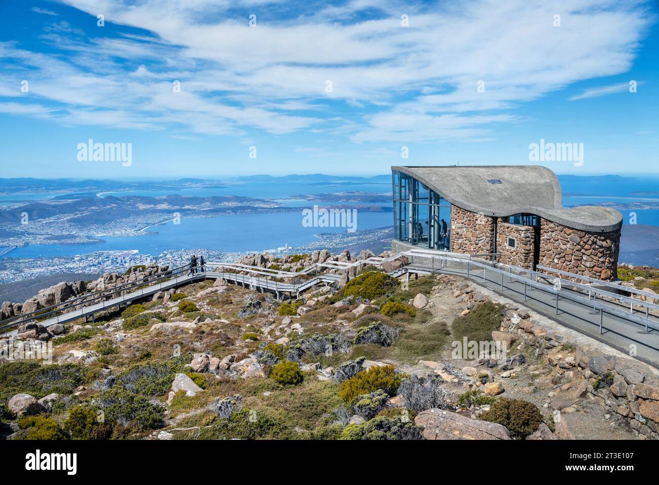 The Pinnacle Observation Shelter overlooking the city of Hobart, on Mt Wellington in Tasmania, Australia Stock Photo