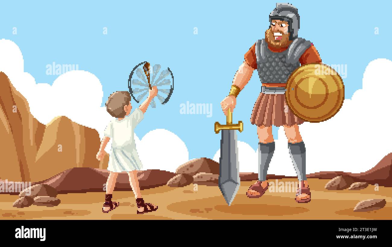 David bravely fights Goliath with a sling in this religious illustration Stock Vector