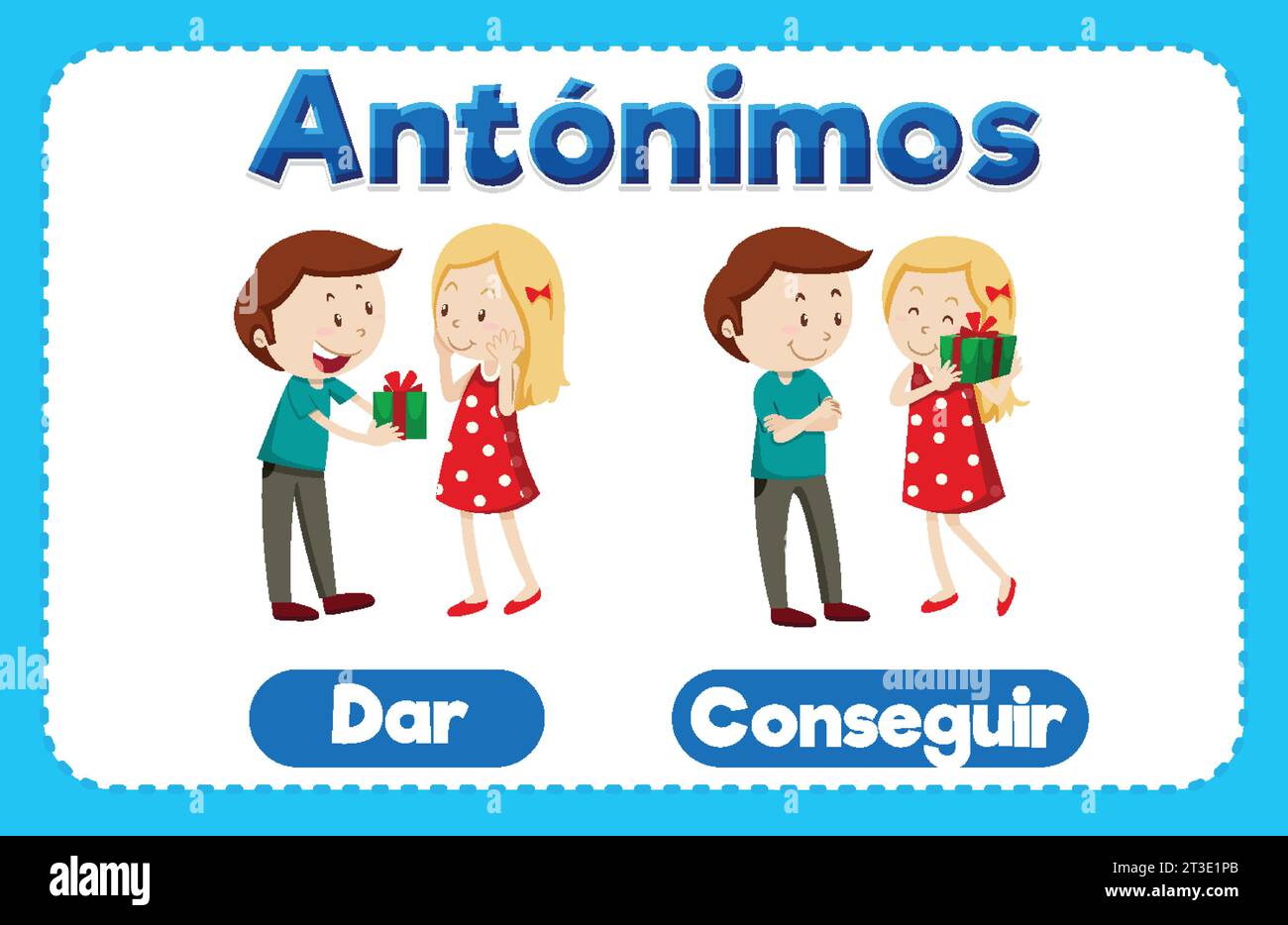 Illustrated word cards in Spanish for education, featuring antonyms Give and Get Stock Vector