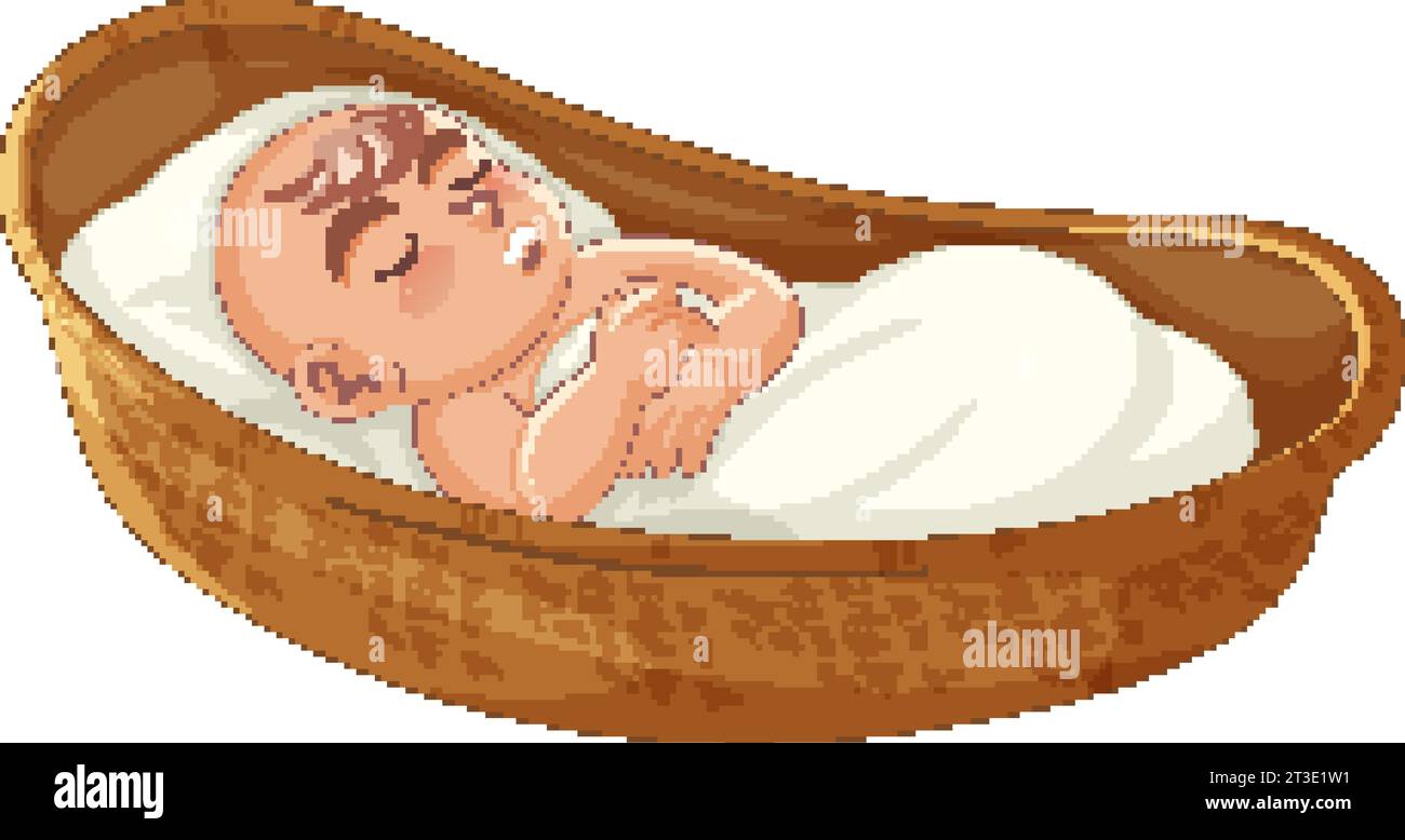 Illustration of a baby peacefully sleeping in a basket, depicting a