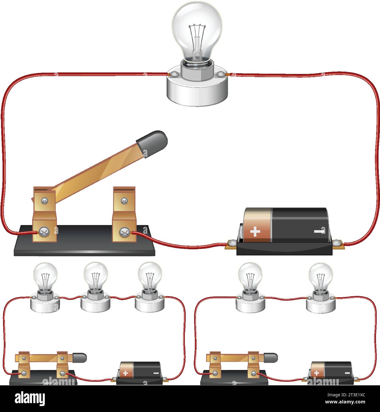 Illustrated infographic showcasing a circuit diagram with batteries and a light bulb Stock