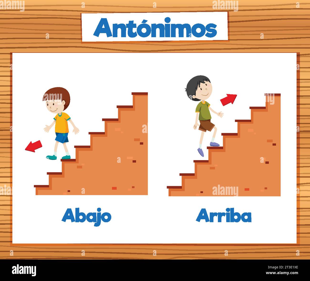 Learn Spanish antonyms with a fun cartoon illustration means up and down Stock Vector Image