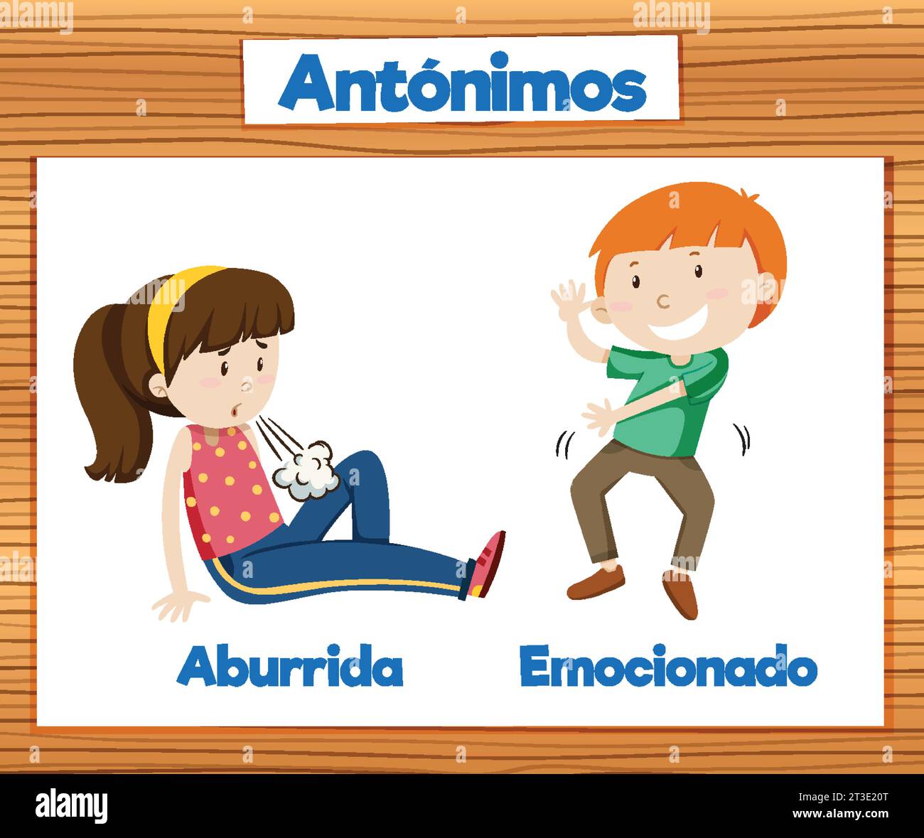 Illustrated picture card in Spanish depicting the antonyms 'aburrida ...