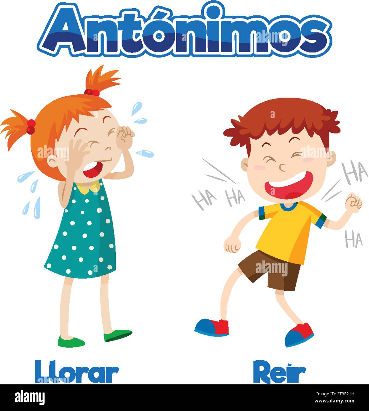 A vector cartoon illustration of antonyms in Spanish means cry and