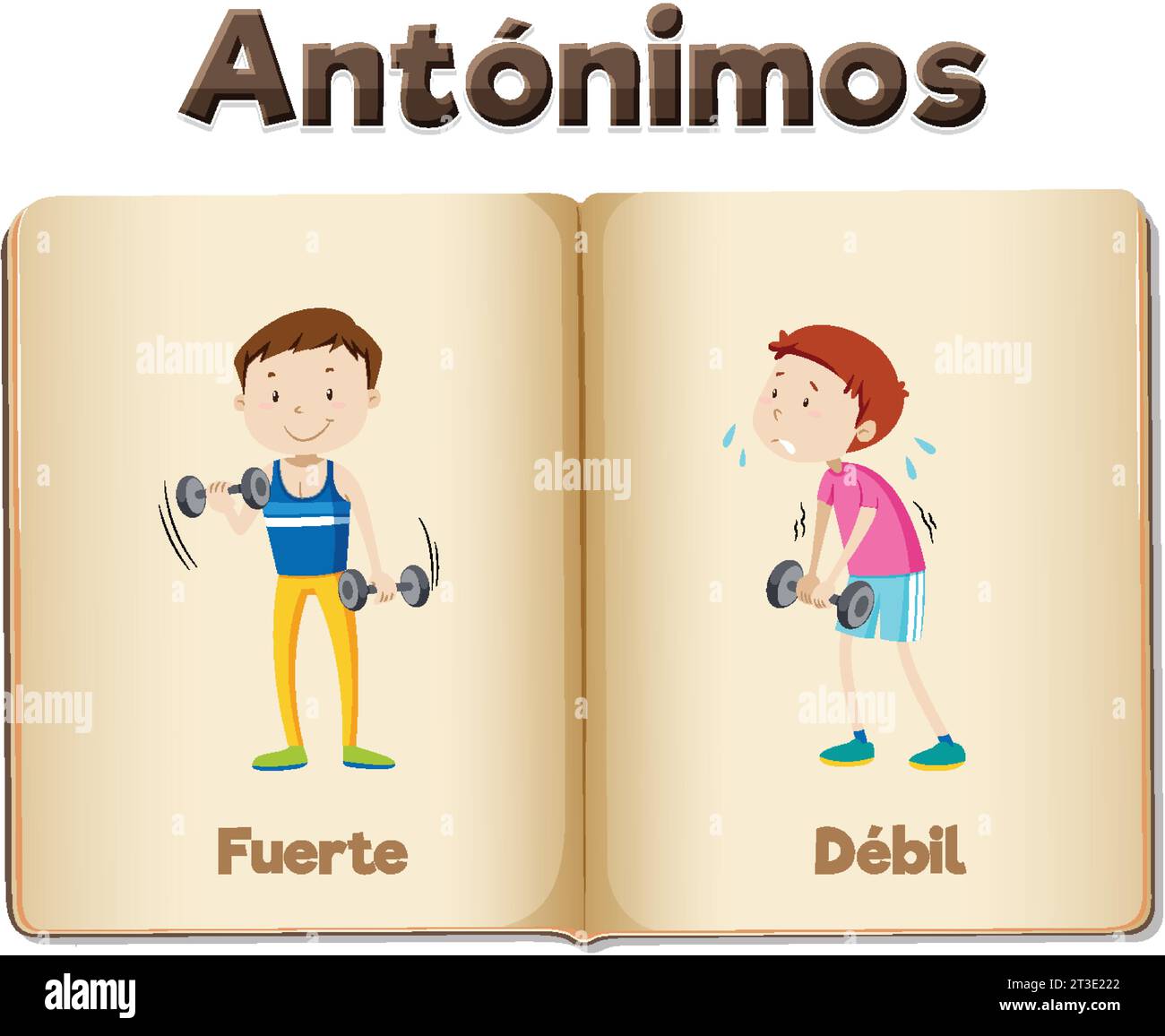 Illustrated cards in Spanish for teaching the antonyms strong and weak