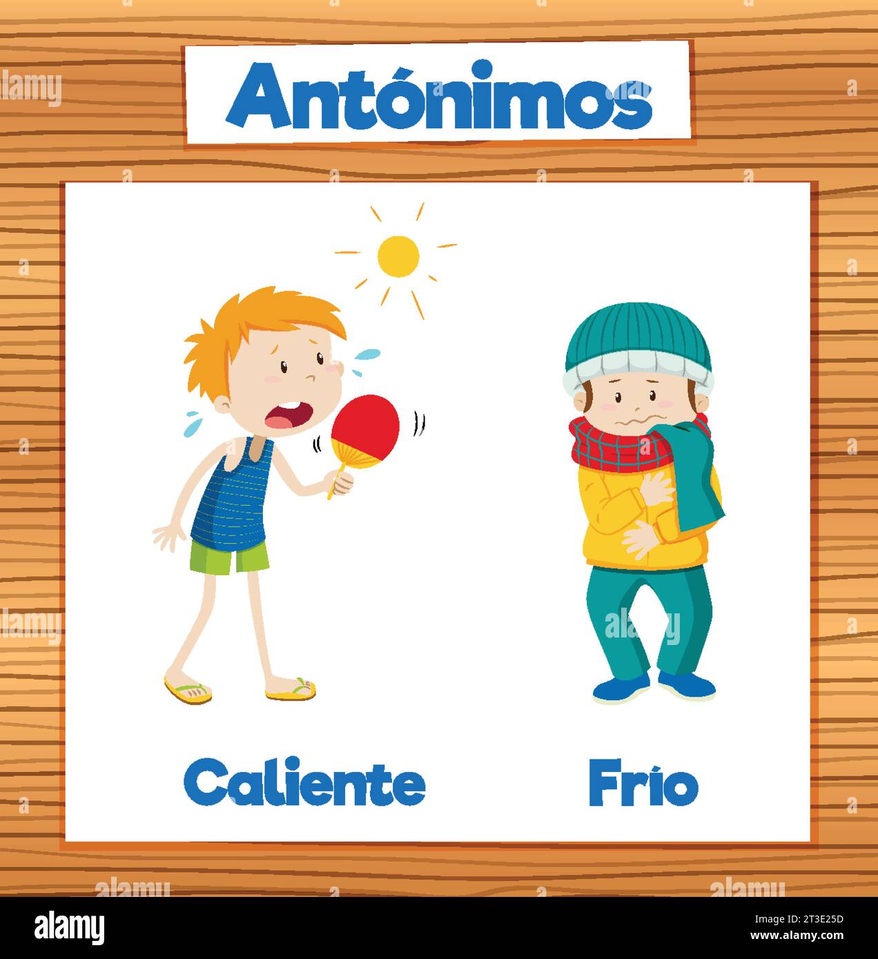 Illustrated picture cards in Spanish for learning antonyms Hot and Cold