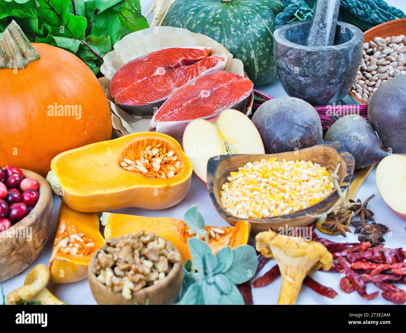 Colorful still life array of beautiful fall vegetable ingredients with sockeye salmon steaks for healthy eating or meatless, thanksgiving with fish. Stock Photo