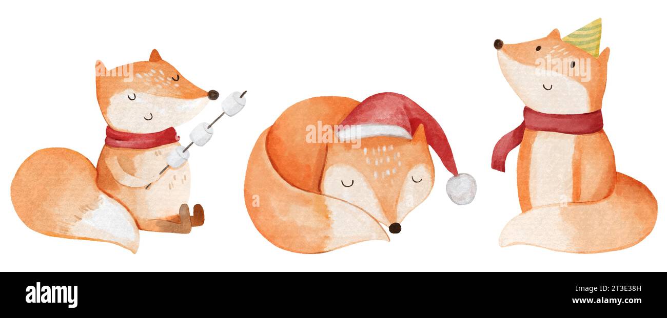 Fox with christmas costume . Watercolor paint cartoon characters . Isolated . Set 3 of 7 . Vector . Stock Vector