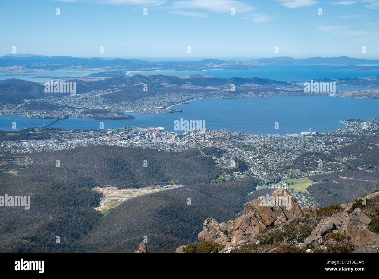 View over the city of Hobart, from the summit of Mt Wellington in Tasmania, Australia Stock Photo