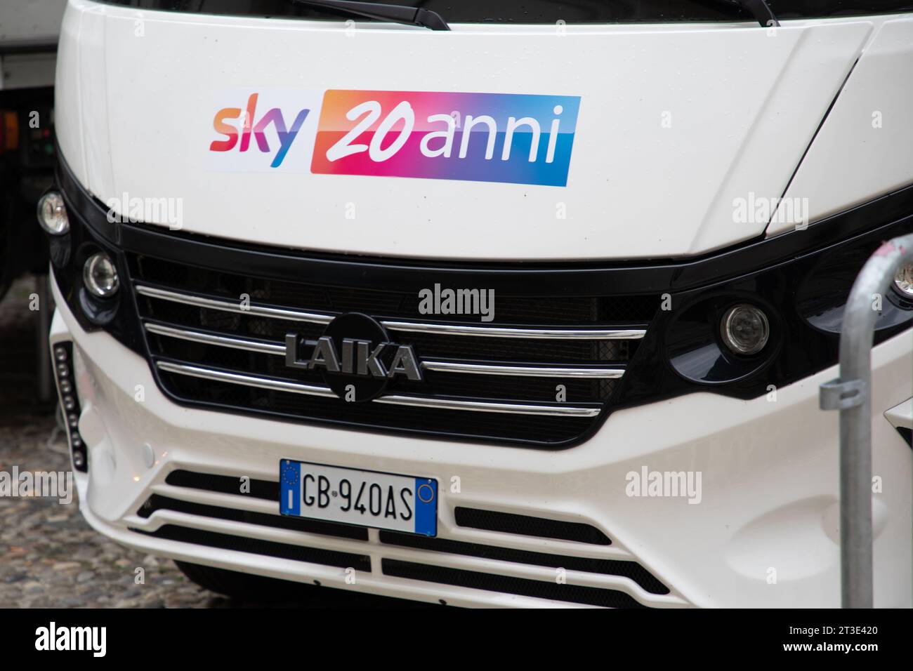 Milan, ITALY - 10 21 2023 : sky italian television logo brand and text sign state radio television logotype broadcast on information controlled truck Stock Photo