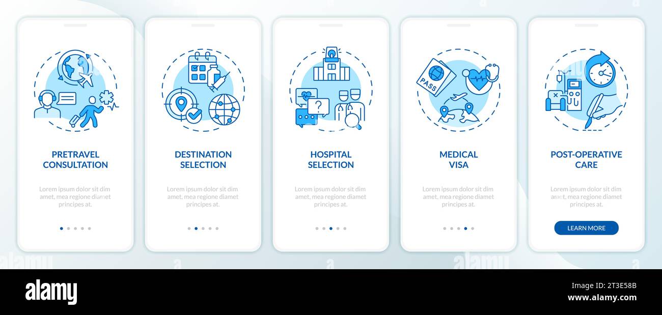 Walkthrough medical tourism with linear icons Stock Vector