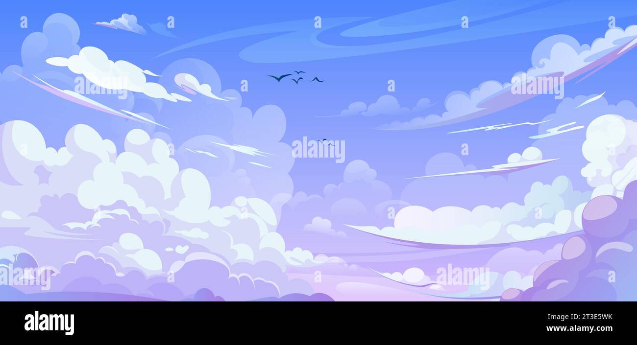 Anime style sky background with clouds. Vector cartoon illustration of beautiful heavenly cloudscape in pink, light blue gradient colors, birds flying high, cloudy summer day, sunrise or sunset design Stock Vector
