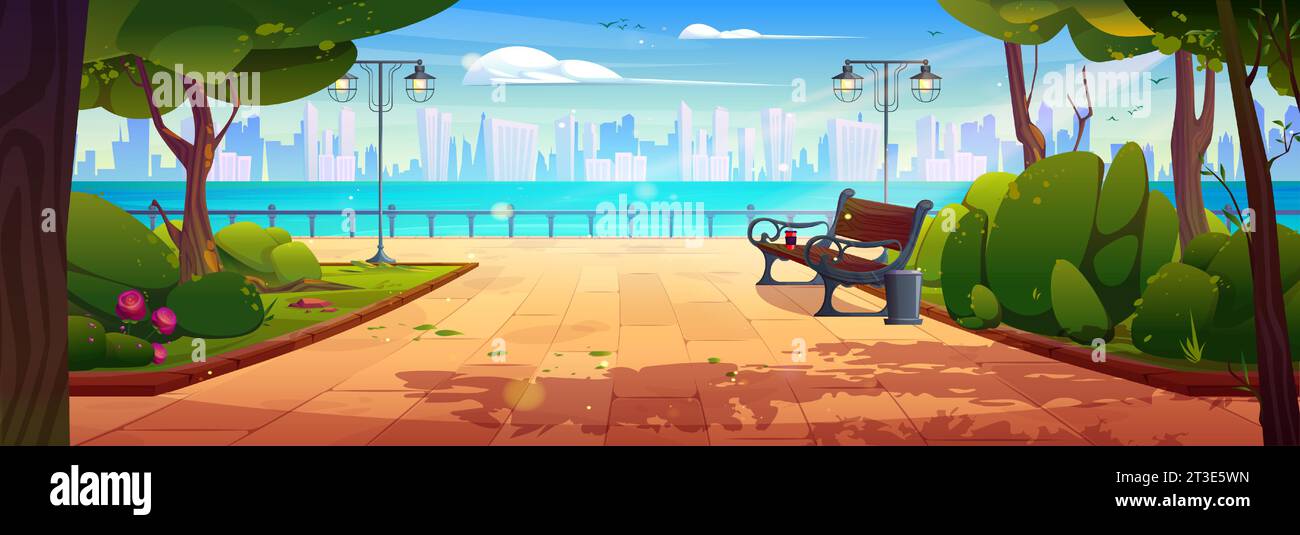 Summer or spring city public park with bench, lantern and trees on shore of river or lake against backdrop of high-rise buildings. Cartoon vector landscape of town street garden with woods and flowers Stock Vector