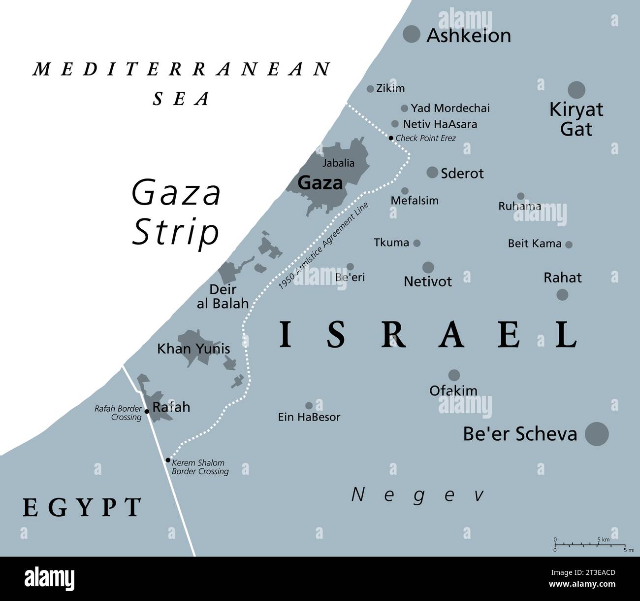 The Gaza Strip and surroundings, gray political map. Gaza, a self-governing Palestinian territory and narrow piece of land. Stock Photo