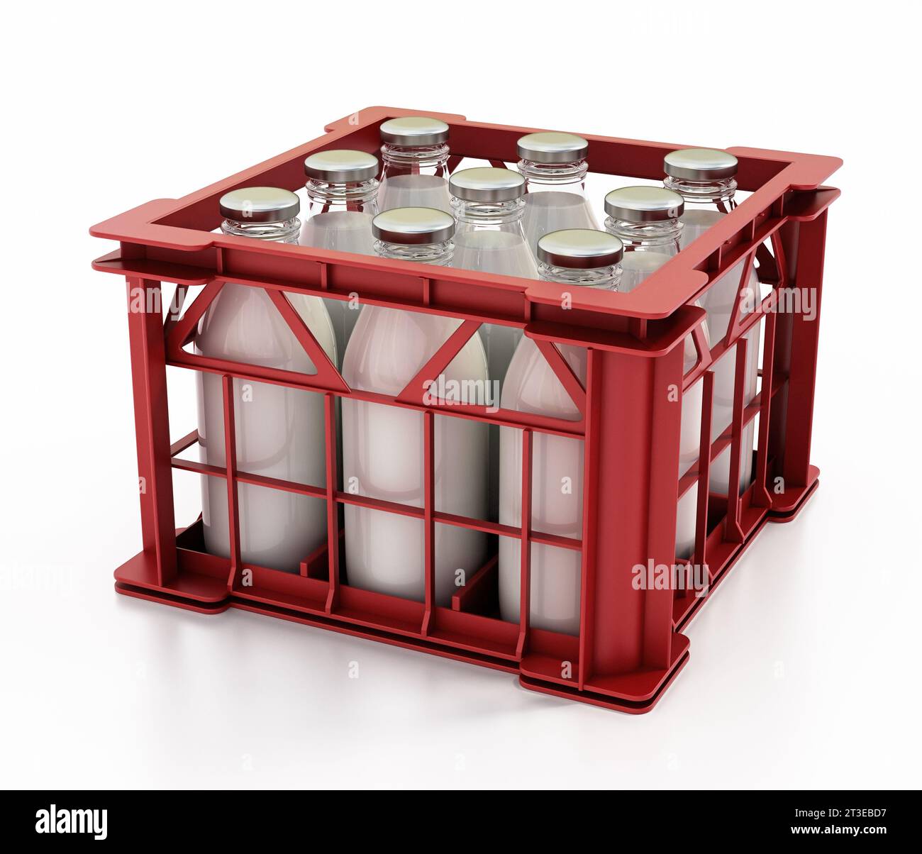 Plastic milk crate full of milk bottles isolated on white background