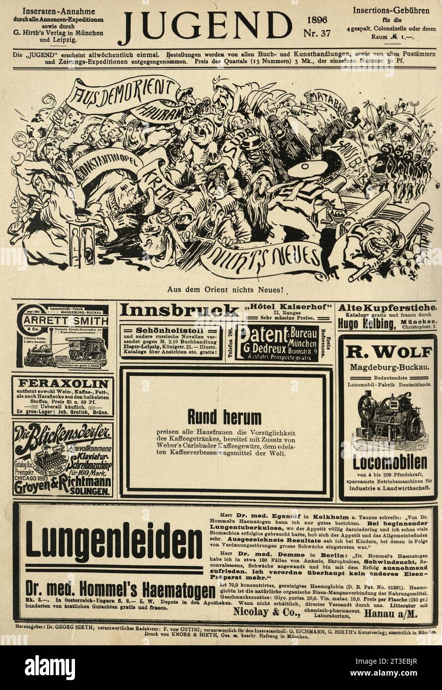 Vintage satirical cartoon on war in the East, Adverts, German 1890s, Jugend Stock Photo