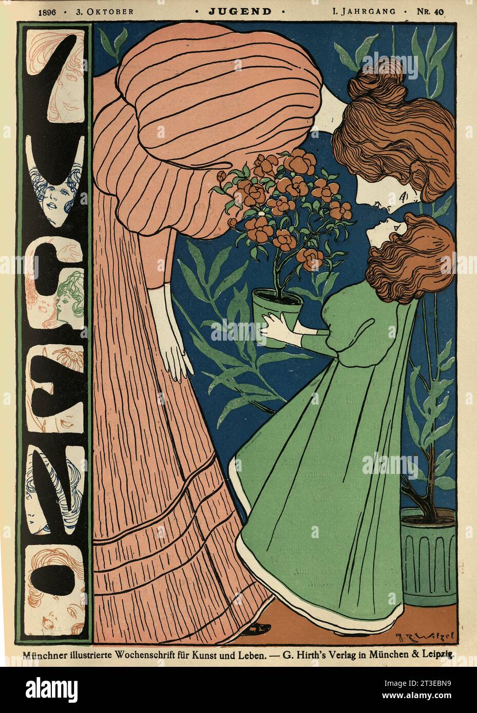 Cover for Jugend, Mother and daughter, Rose plant, Jugendstil, Art Nouveau., German 1890s Stock Photo