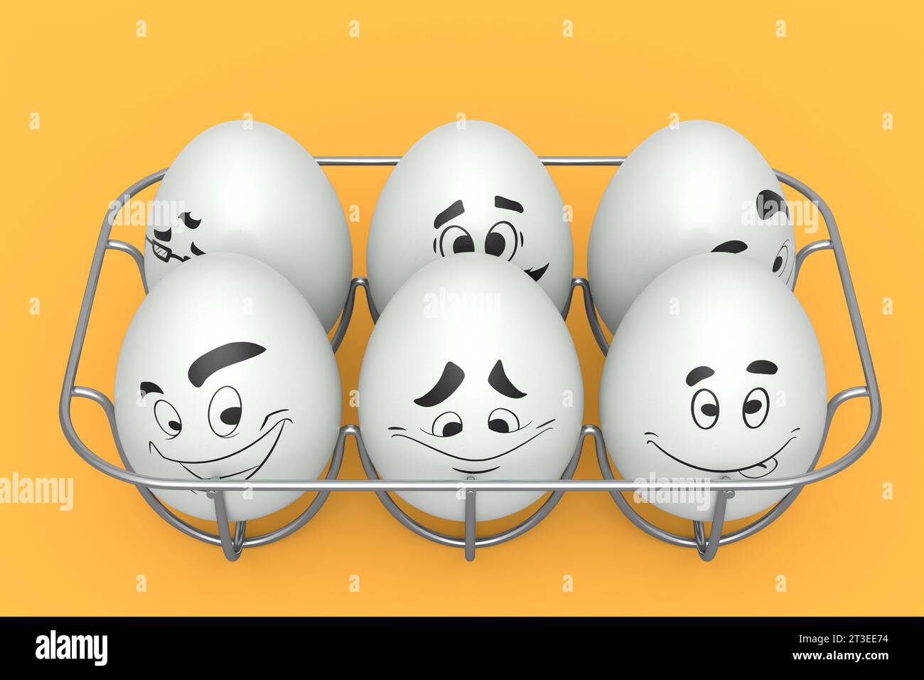 Farm white painted egg with expressions and funny face in metal wire ...
