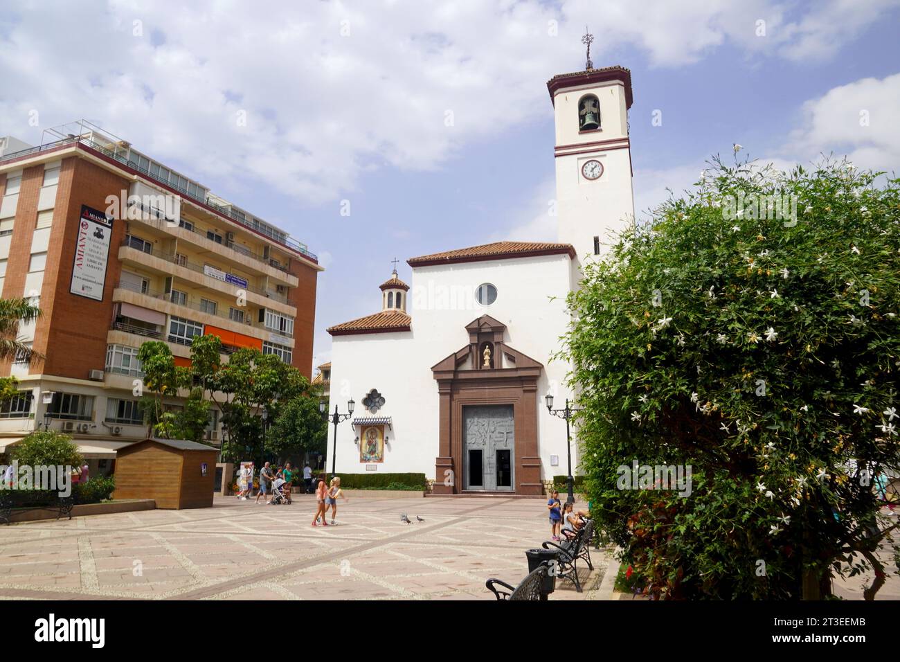 Spain, Andalusia, Fuengirola: Church of Parroquia de Nuestra Senora del Rosario in “Plaza de la Constitution” square Stock Photo
