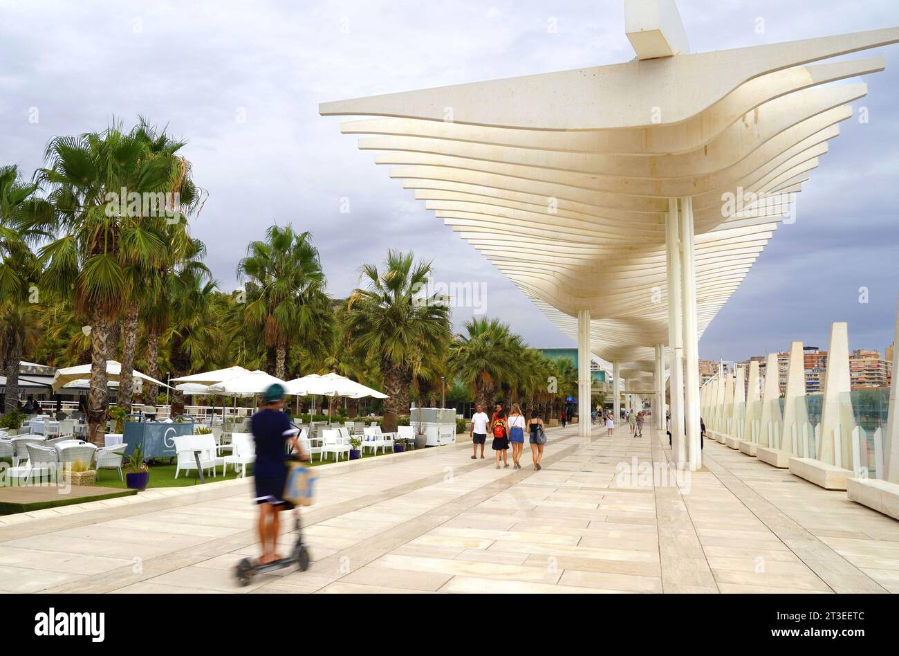 Spain, Andalusia, Malaga: walk along the Pablo Ruiz Picasso waterfront, the newly redeveloped Paseo de los Curas, along the Paseo del Parque Stock Photo