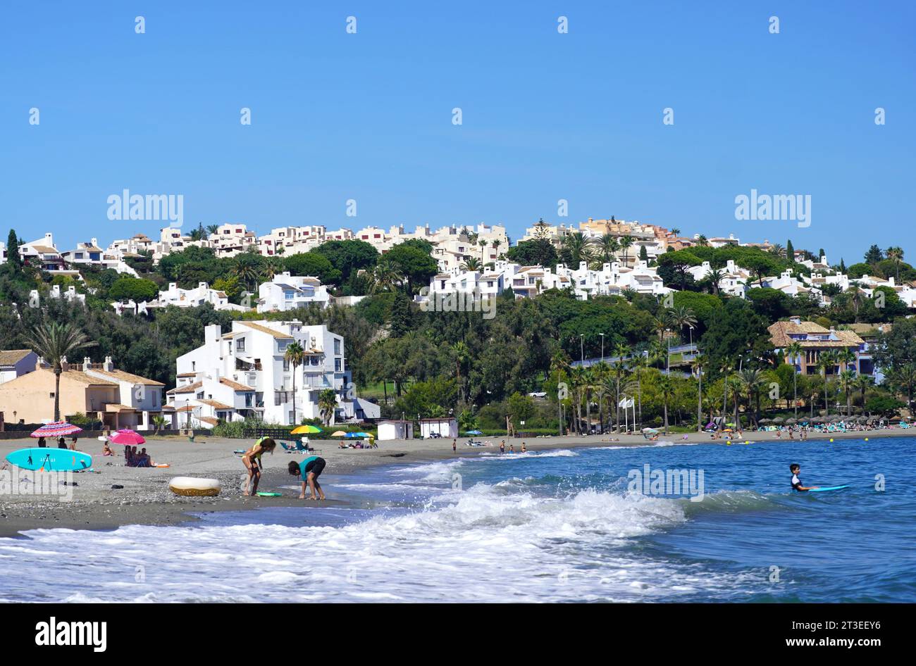 Spain, Andalusia, Province of Malaga, Casares: coastal part of the town with its grey sand beach Playa Ancha Stock Photo