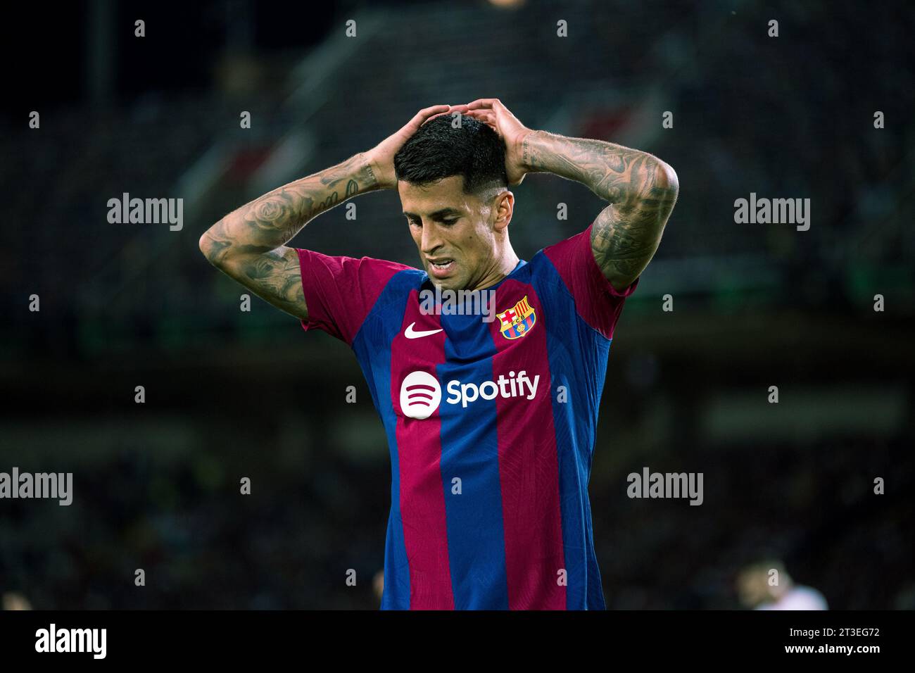 Barcelona, Spain, 22, October, 2023.  Spanish LaLiga EA Sports: FC Barcelona v Athletic Club.  (2) Joao Cancelo reacts.  Credit: Joan G/Alamy Live News Stock Photo