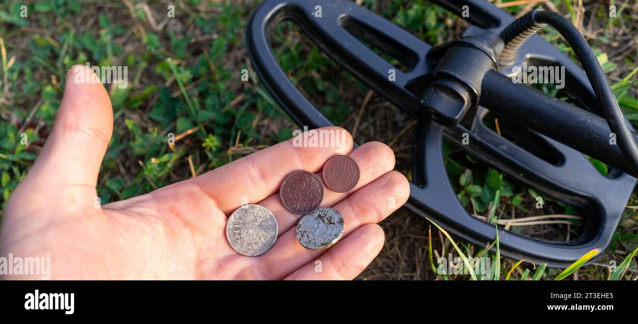 Panorama Collecting coins with a metal detector Stock Photo Alamy