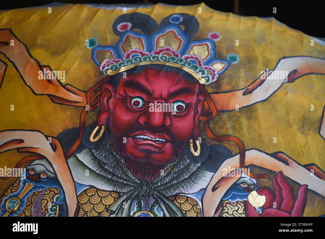 *** STRICTLY NO SALES TO FRENCH MEDIA OR PUBLISHERS - RIGHTS RESERVED ***October 01, 2023 - Taipei, Taiwan: A Chinese god with a scary, angry face displayed at the Longshan temple. Stock Photo