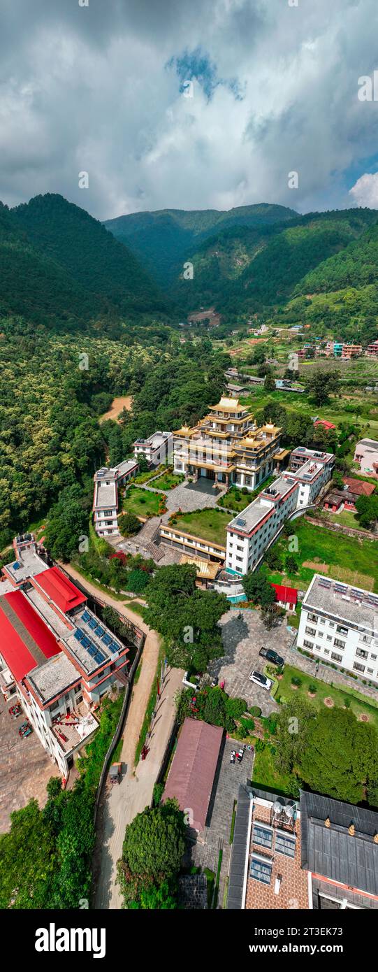 Aerial view of the Azom Monastery in Dakshinkali, Nepal. It is close to Guru Rinpoche Statue. It is one of the best place to visit near Kathmandu Stock Photo