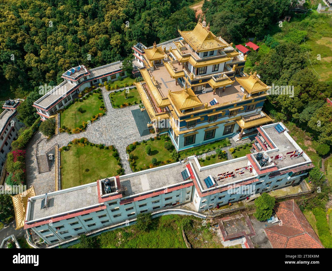 Aerial view of the Azom Monastery in Dakshinkali, Nepal. It is close to Guru Rinpoche Statue. It is one of the best place to visit near Kathmandu Stock Photo