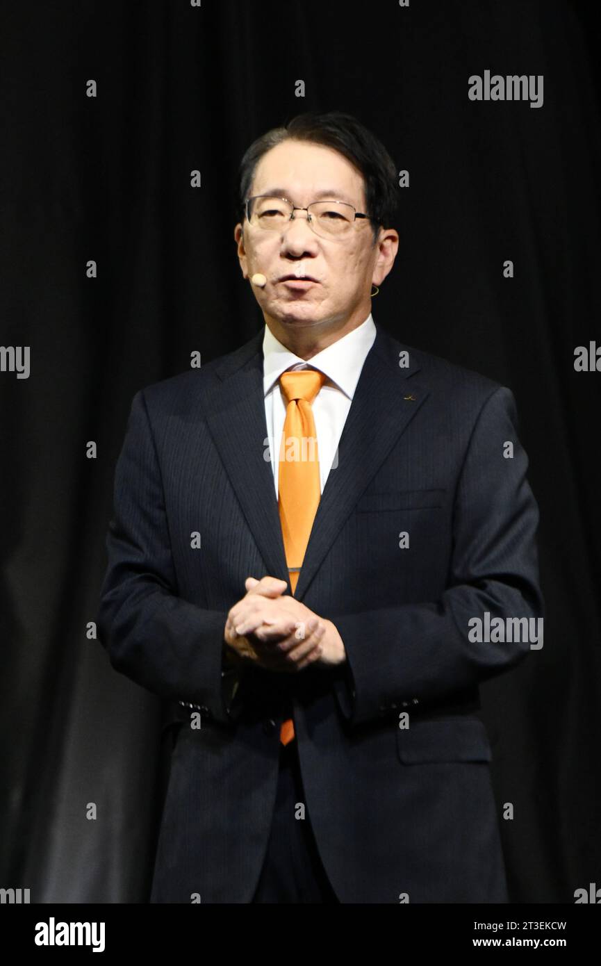 Mitsubishi Motor CEO Takao Kato speaks during press day of the Japan