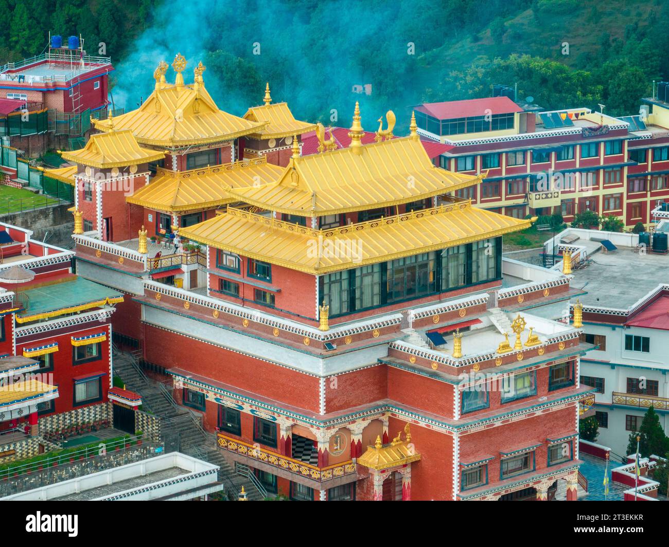 Aerial view of the Thrangu Tashi Yangtse Monastery or Namo Buddha Monastery is a Tibetan Buddhist monastery, close to Kathmandu, Nepal Stock Photo