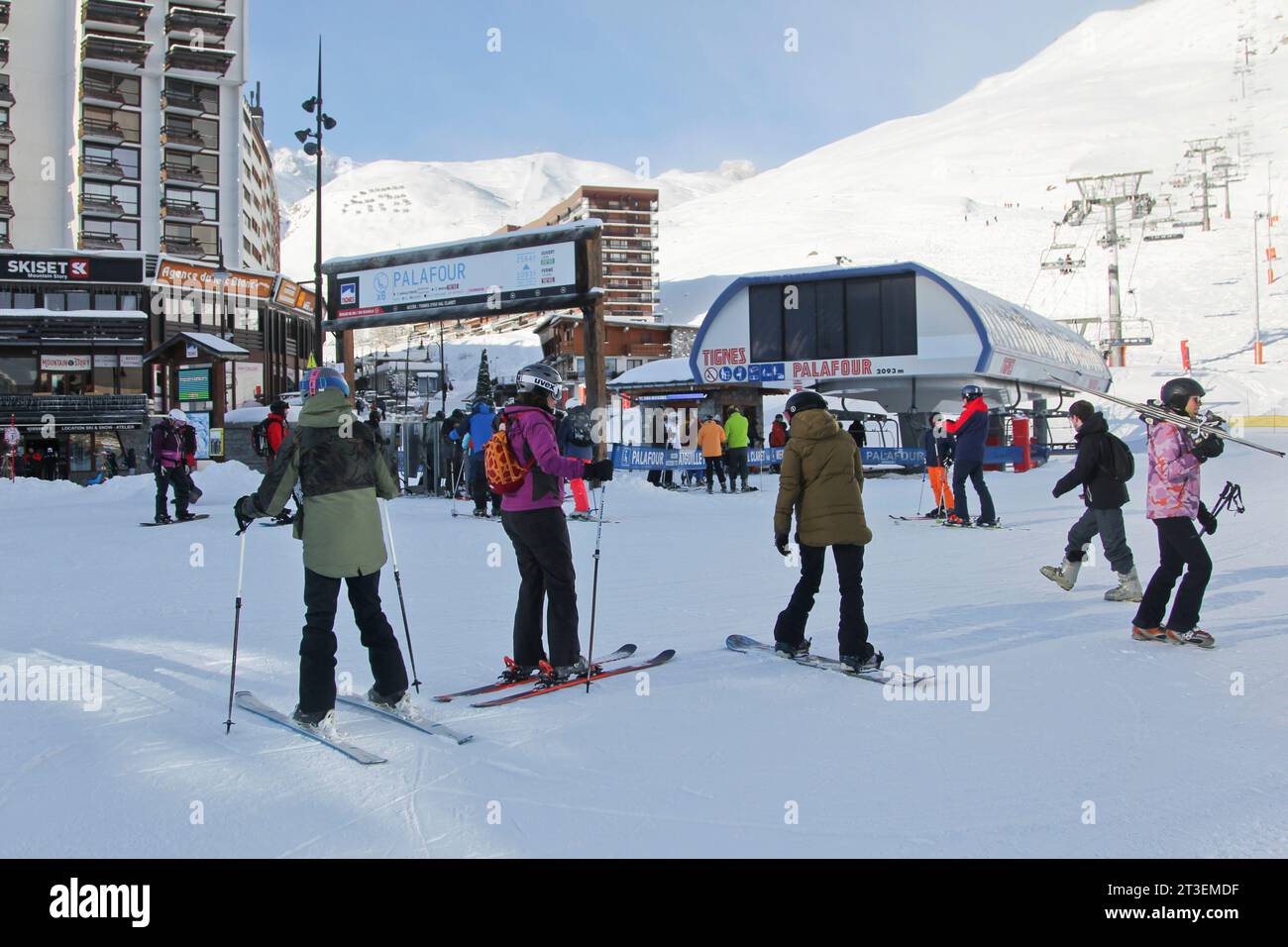 Tignes (Savoy, French Alps, eastern France): the ski resort. Bottom of the ski runs Stock Photo