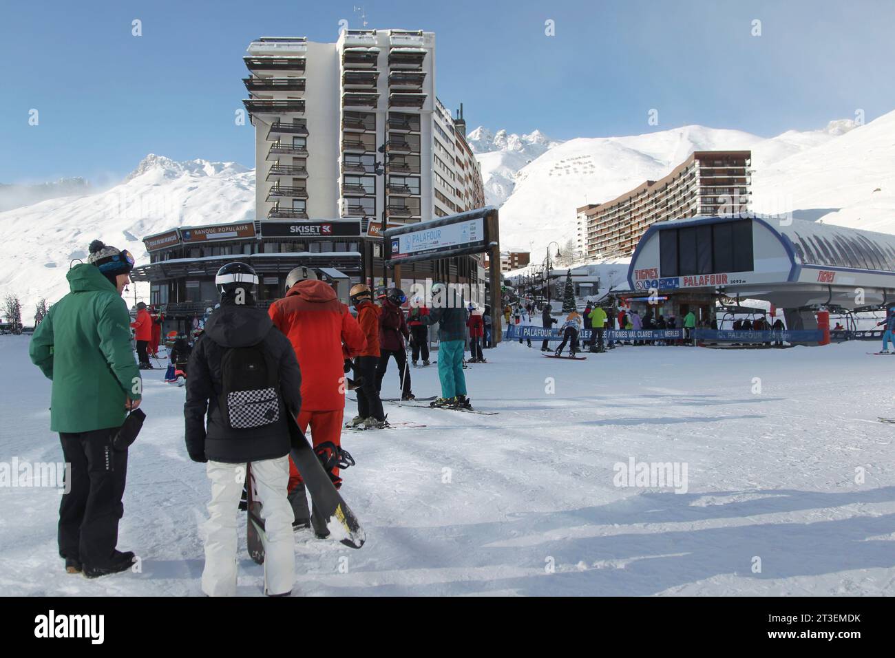 Tignes (Savoy, French Alps, eastern France): the ski resort. Bottom of the ski runs Stock Photo